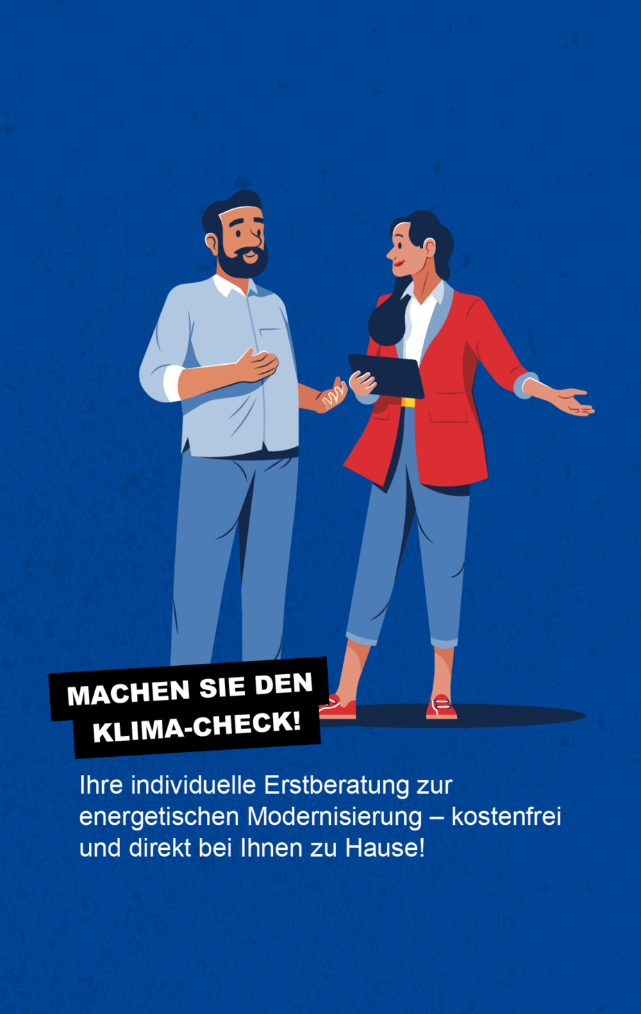 Beratungsgespräch Zu sehen sind zwei Personen. Die rechte Person trägt in der einen Hand ein Touchpad, die andere Hand ist ausgestreckt. Diese Person ist der anderen Person zugewandt und lächelt. Die linke Person erweckt den Eindruck des Zuhörens, die Handhaltung ist offen.